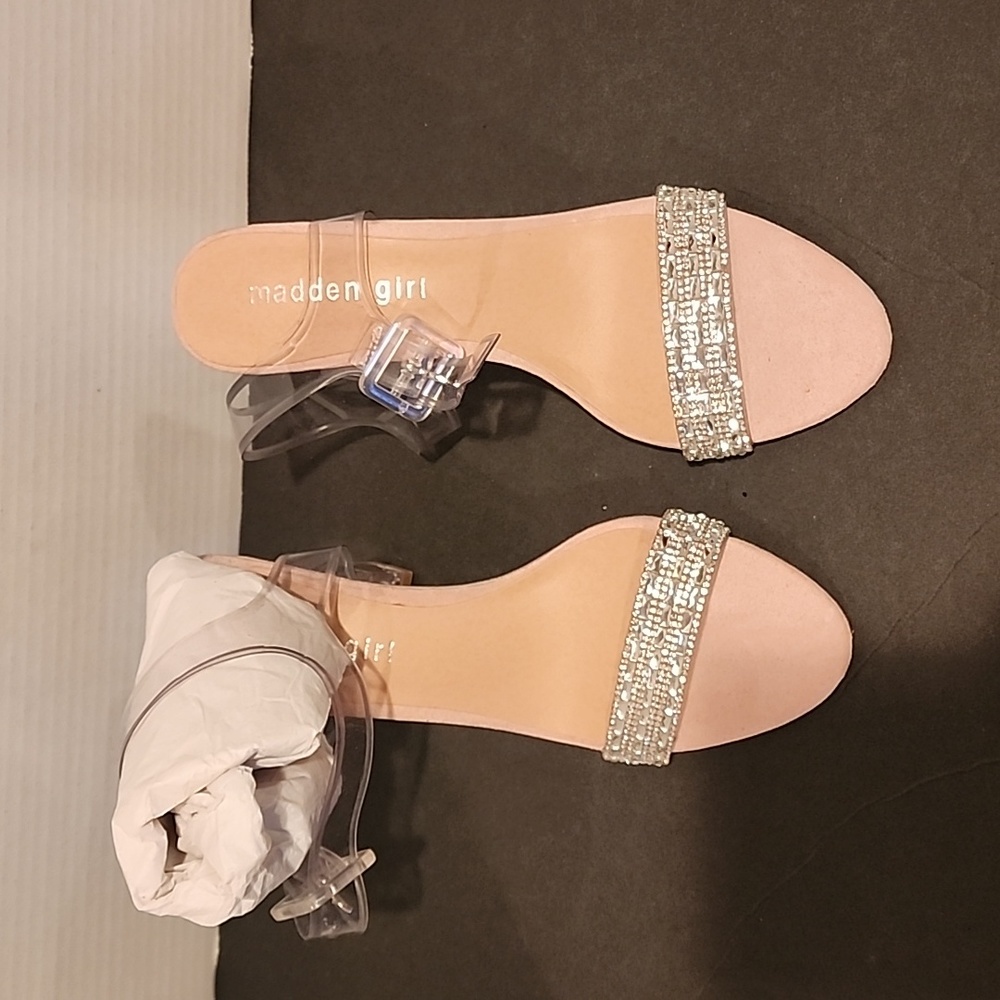 Steve Madden Girl Translucent 4in block heel with being on the toe strap